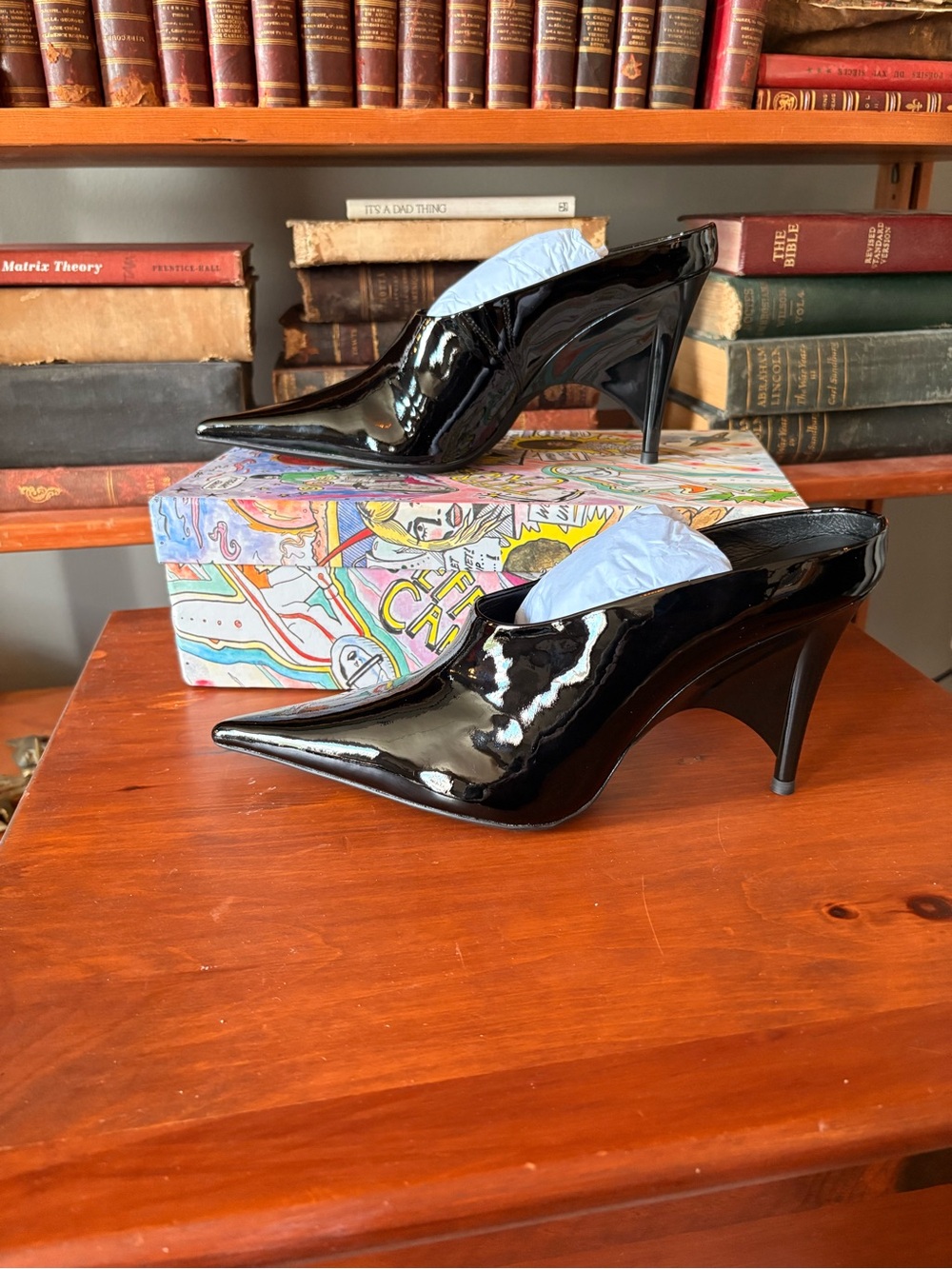 Jeffery Campbell Vader Black Patent Pointed-Toe Mule Heels
